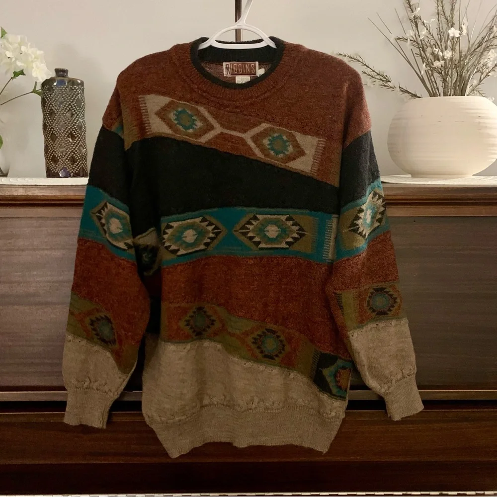 Vintage Southwestern Aztec Patterned Grandpa Sweater, Size Medium - Picture 2 of 12